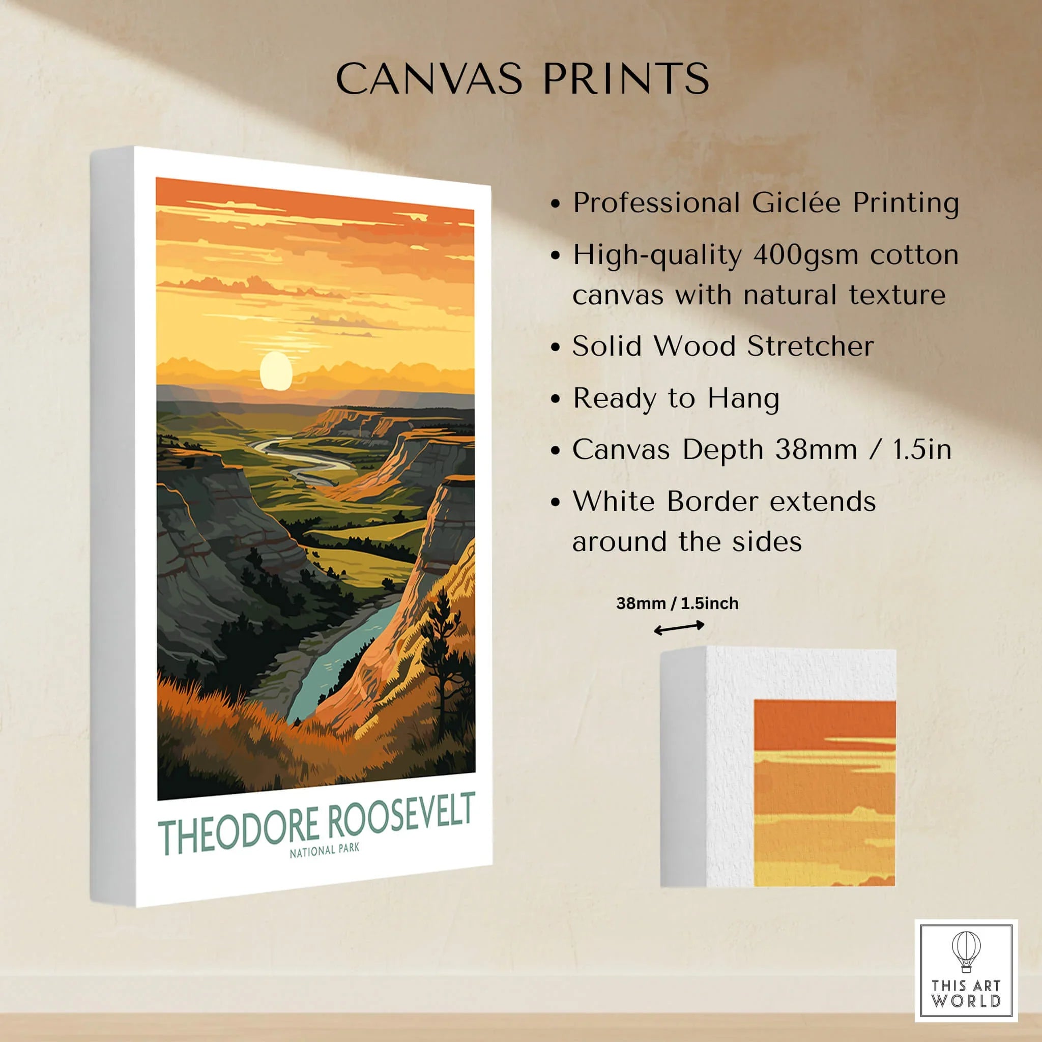Theodore Roosevelt National Park sunset canvas wall art with river and canyon, cotton canvas print.