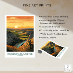 Theodore Roosevelt National Park art print with sunset landscape, unframed, fine art details.