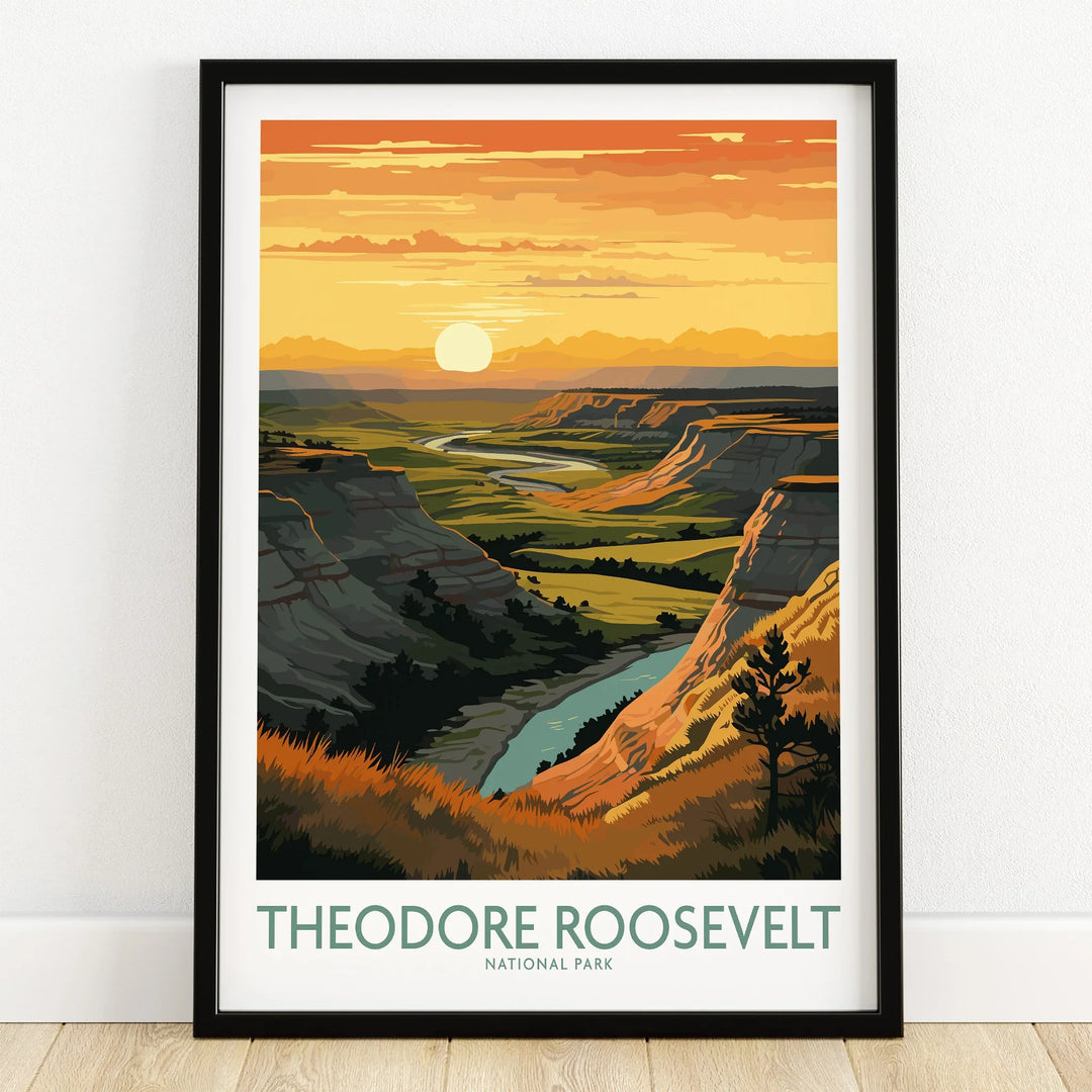Theodore Roosevelt National Park art print with sunset landscape in black frame on wooden floor