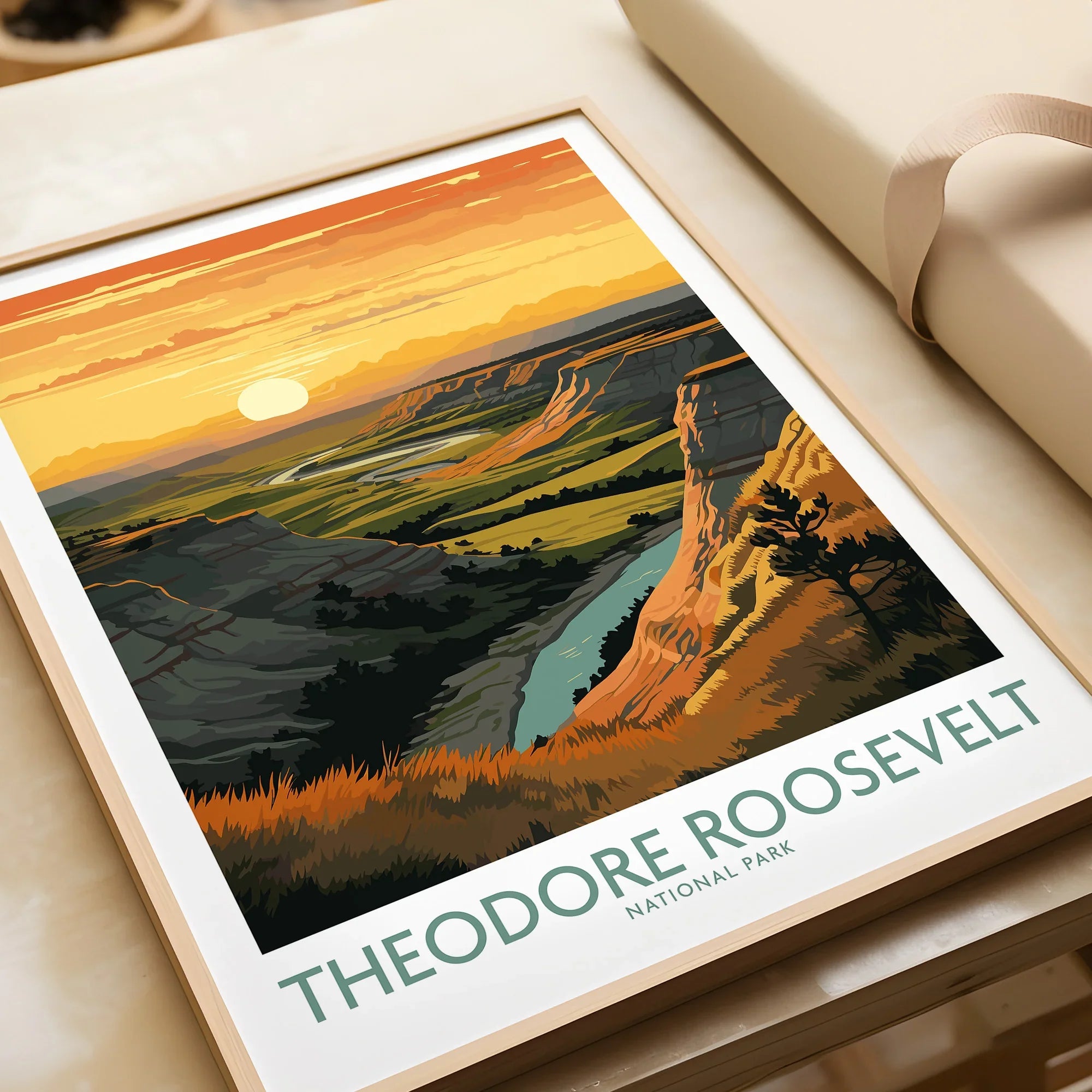 Framed Theodore Roosevelt National Park art print with sunset landscape, unwrapped as a gift