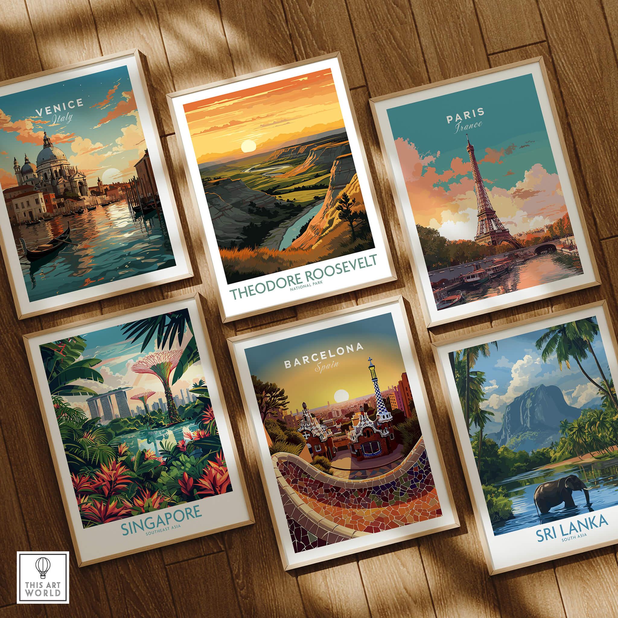 Set of six framed travel posters featuring Venice, Theodore Roosevelt National Park, Paris, Singapore, Barcelona, and Sri Lanka on a wooden floor.