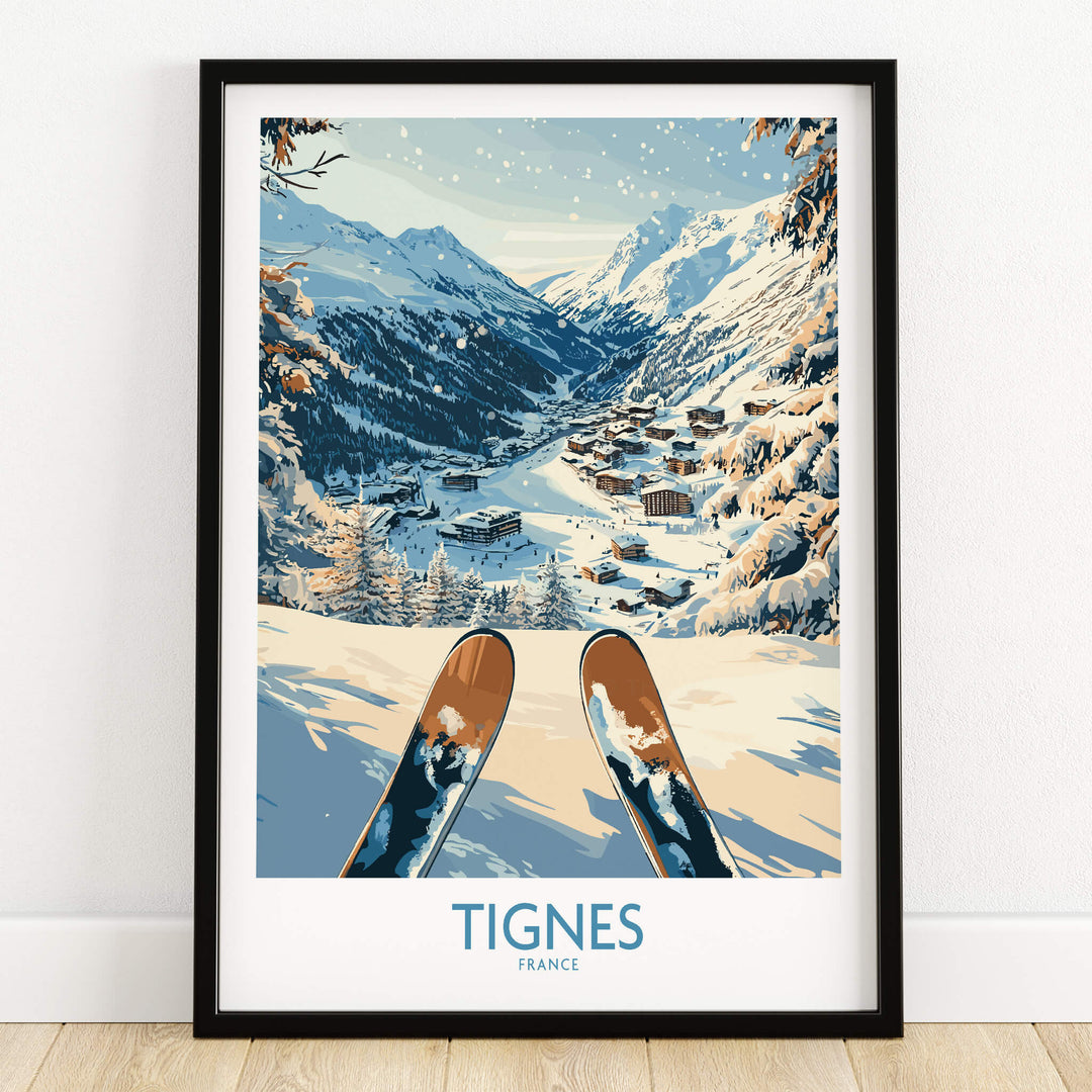 Tignes Print France ski poster featuring scenic view of Tignes, France with snowy mountains and ski slopes.