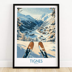 Tignes Print France ski poster featuring scenic view of Tignes, France with snowy mountains and ski slopes.