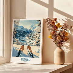 Tignes Print France ski poster showcasing a scenic view of Tignes, France with skis in the foreground.