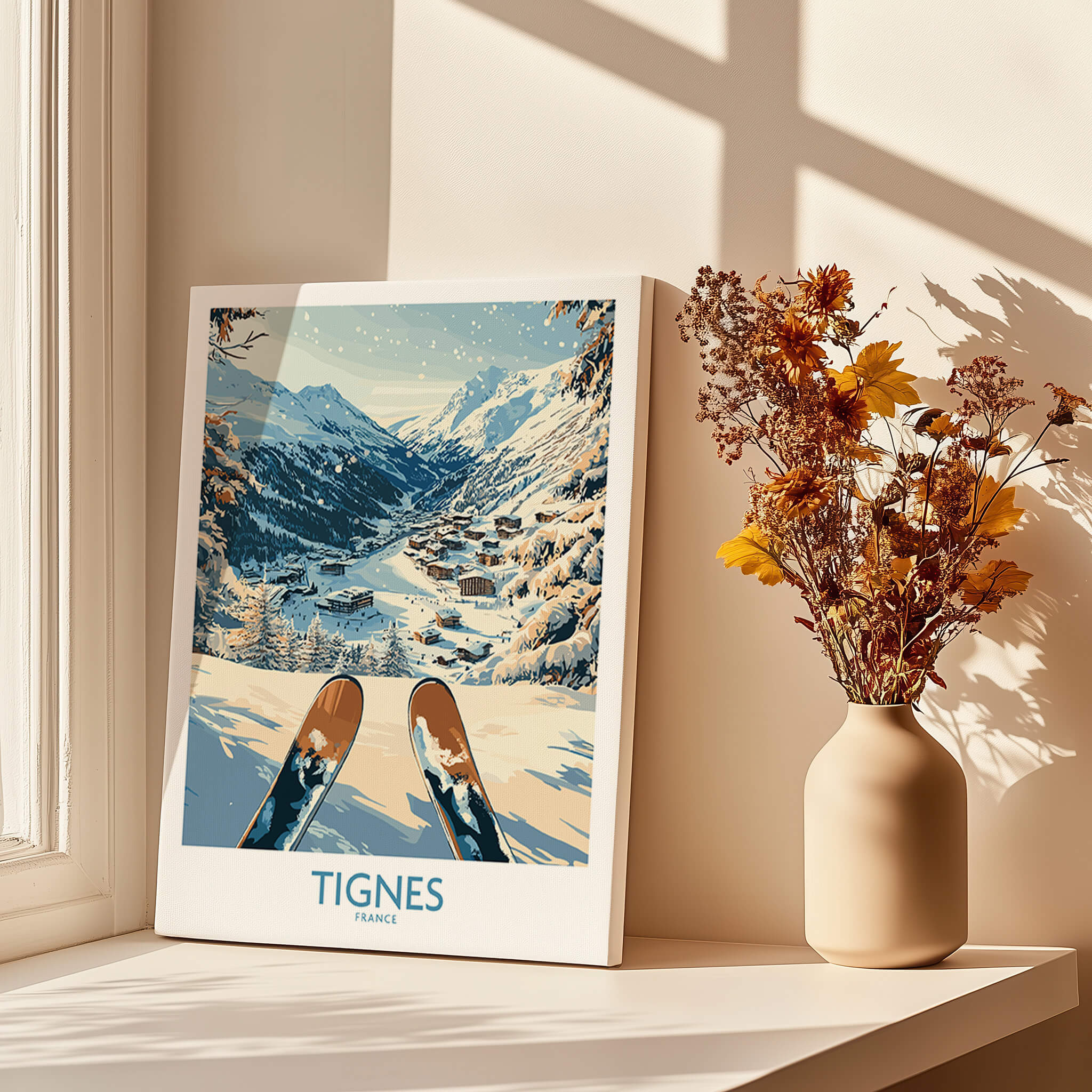 Tignes Print France ski poster showcasing a scenic view of Tignes, France with skis in the foreground.