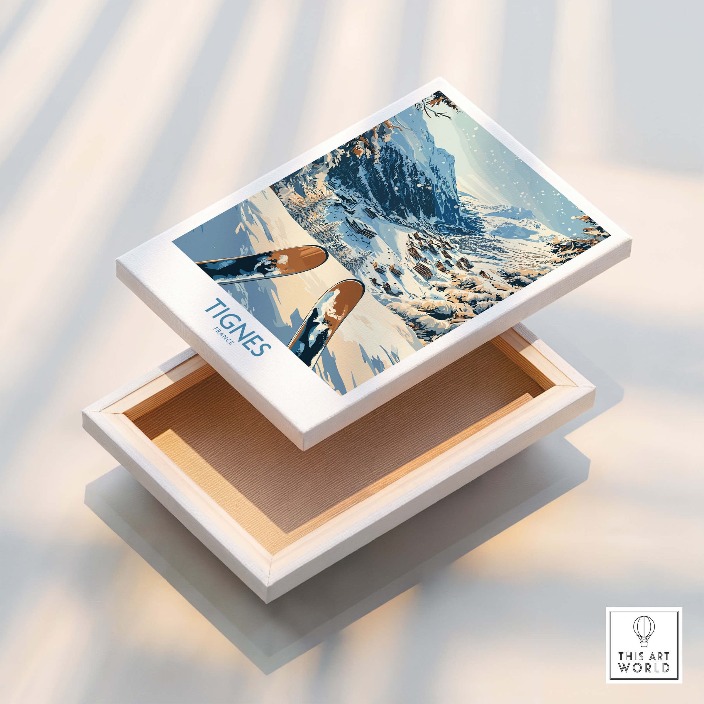 Tignes Print France Ski Poster featuring stunning snowy mountains and skis, perfect for home decor and ski trip inspiration.