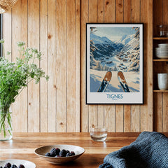 Tignes Print France Ski Poster showcasing stunning mountain scenery and ski equipment in a cozy home setting.