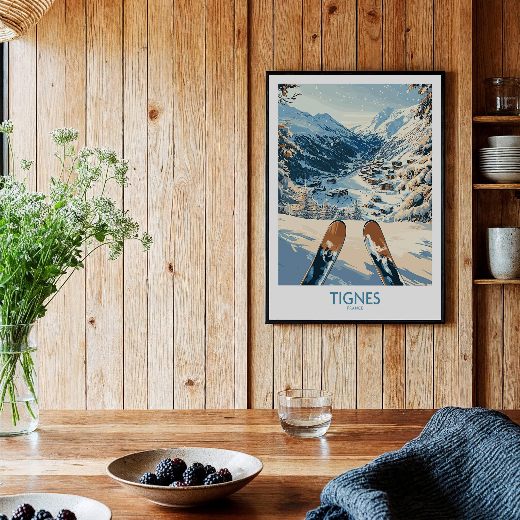 Tignes Print France Ski Poster showcasing stunning mountain scenery and ski equipment in a cozy home setting.