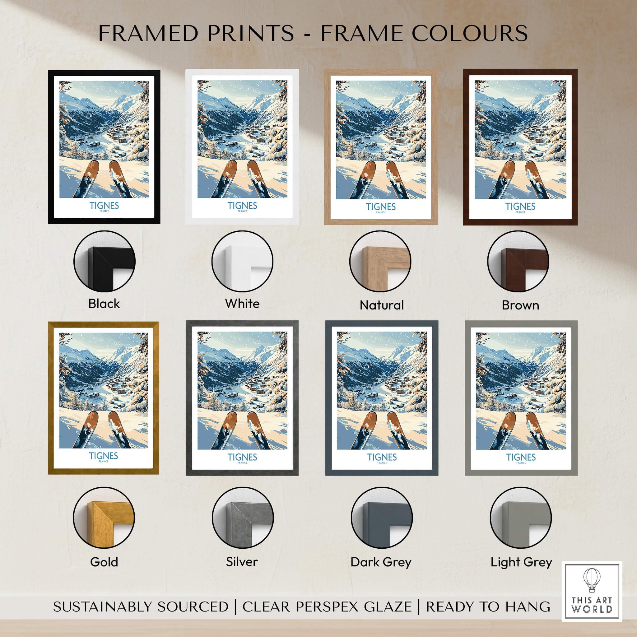 Tignes Print France framed prints in various colors including black, white, natural, brown, gold, silver, dark grey, and light grey.