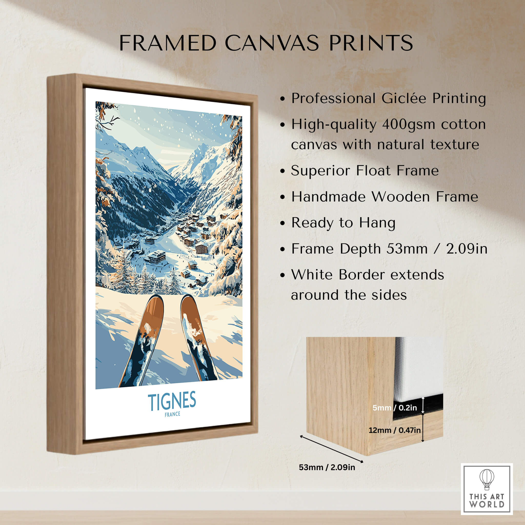 Tignes Print France framed canvas print showcasing skiing in Tignes, France with professional giclée printing.