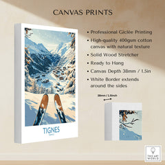 Tignes Print France canvas print showcasing a snowy mountain landscape, perfect for ski trip inspiration.