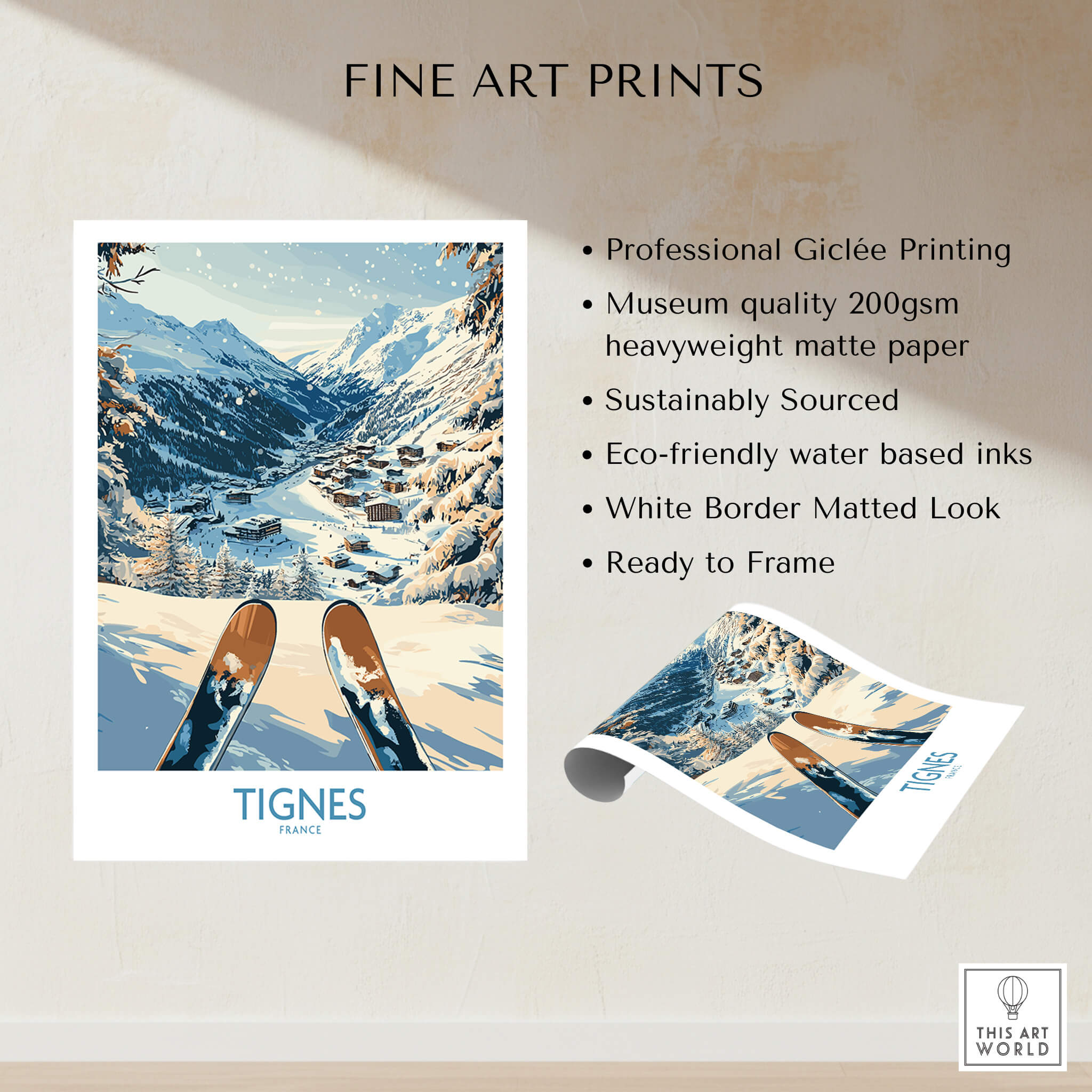 Tignes Print France ski poster showcasing stunning alpine scenery with ski gear in the foreground.