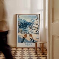 Tignes Print France ski poster showcasing snowy landscape and skis, perfect for inspiring your next ski adventure.