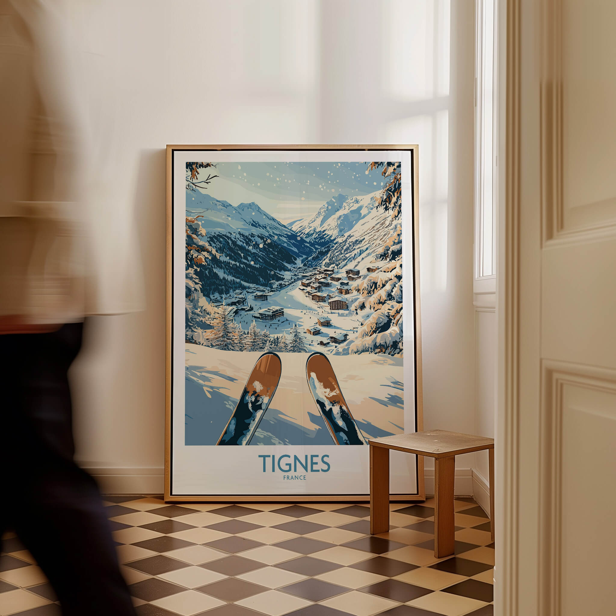 Tignes Print France ski poster showcasing snowy landscape and skis, perfect for inspiring your next ski adventure.