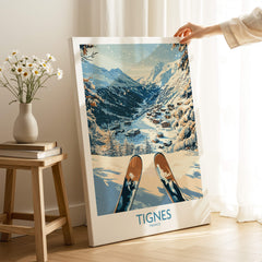 Tignes Print France Ski Poster showcasing a scenic view of Tignes, France with snowy mountains and ski gear.