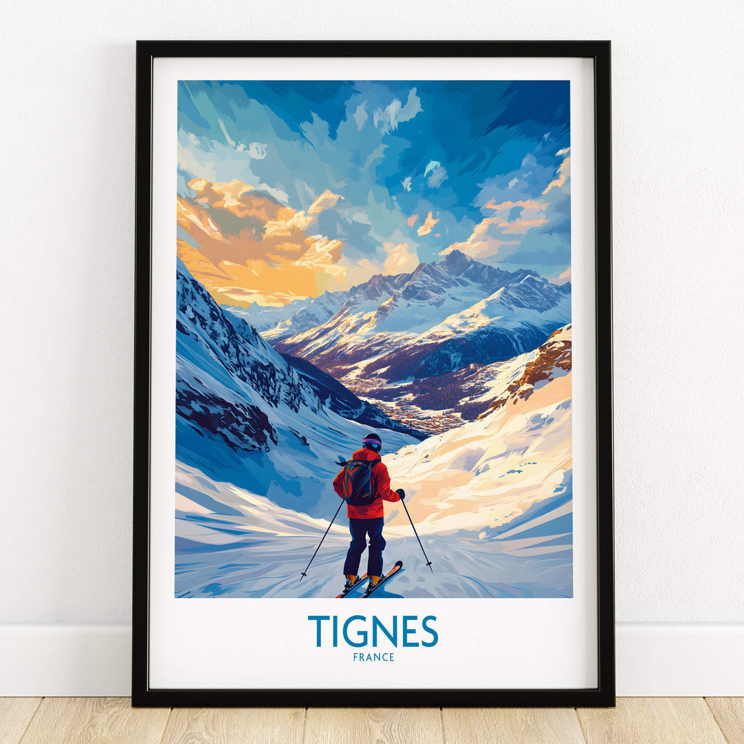 Tignes Wall Art featuring a skier in a stunning snowy landscape with mountains and blue sky.