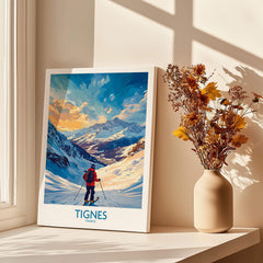 Tignes Wall Art featuring a skier in the beautiful Tignes ski resort, enhancing any living space with adventure.