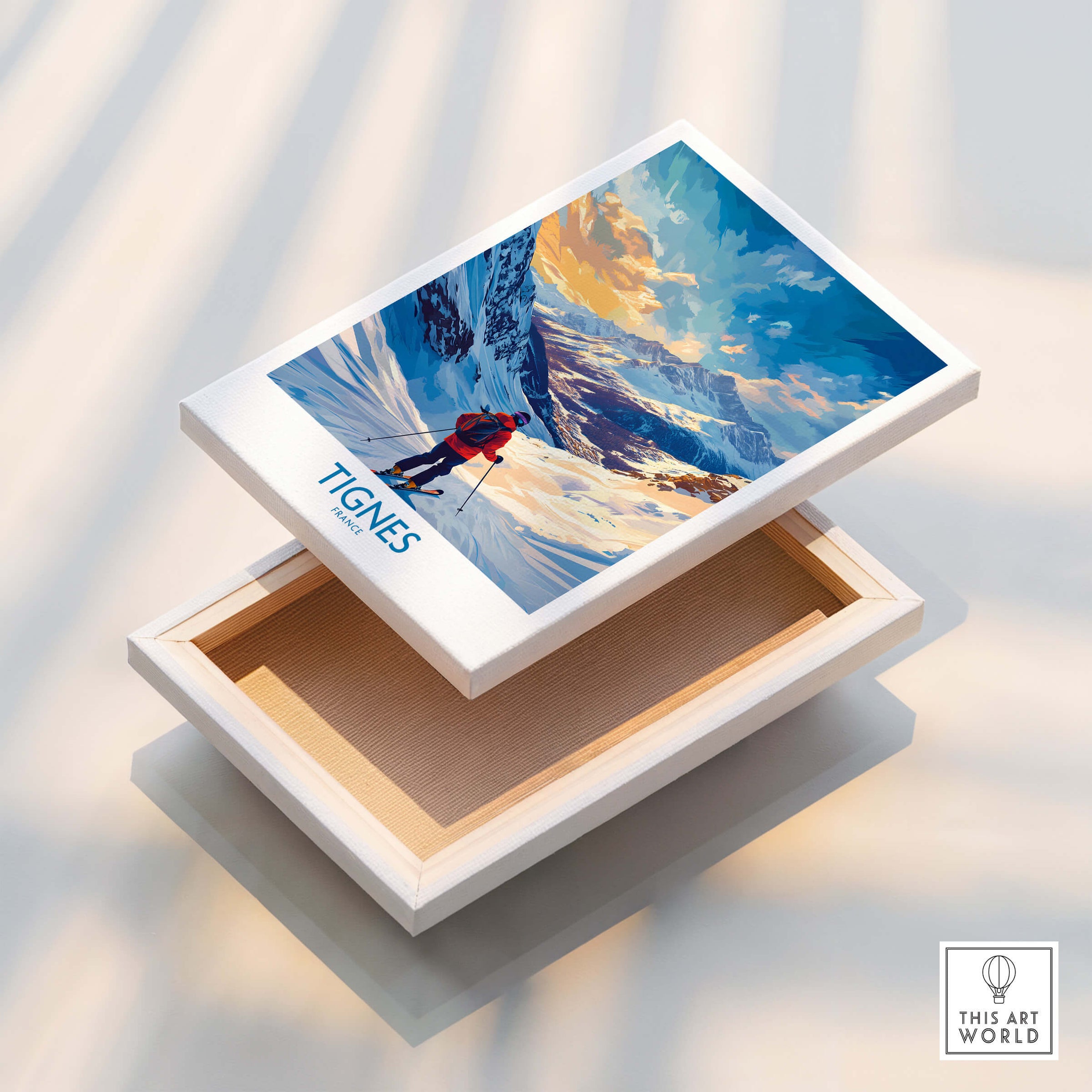 Tignes Wall Art showcasing a skier conquering a snowy landscape, perfect for home decor and adventure inspiration.
