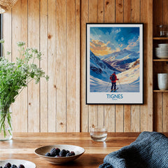 A beautifully framed Tignes Wall Art poster depicting a skier in a snowy landscape, perfect for adventure lovers.