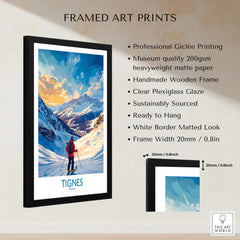 Tignes Wall Art featuring a framed ski poster with a mountain landscape and a skier, showcasing adventure and beauty.