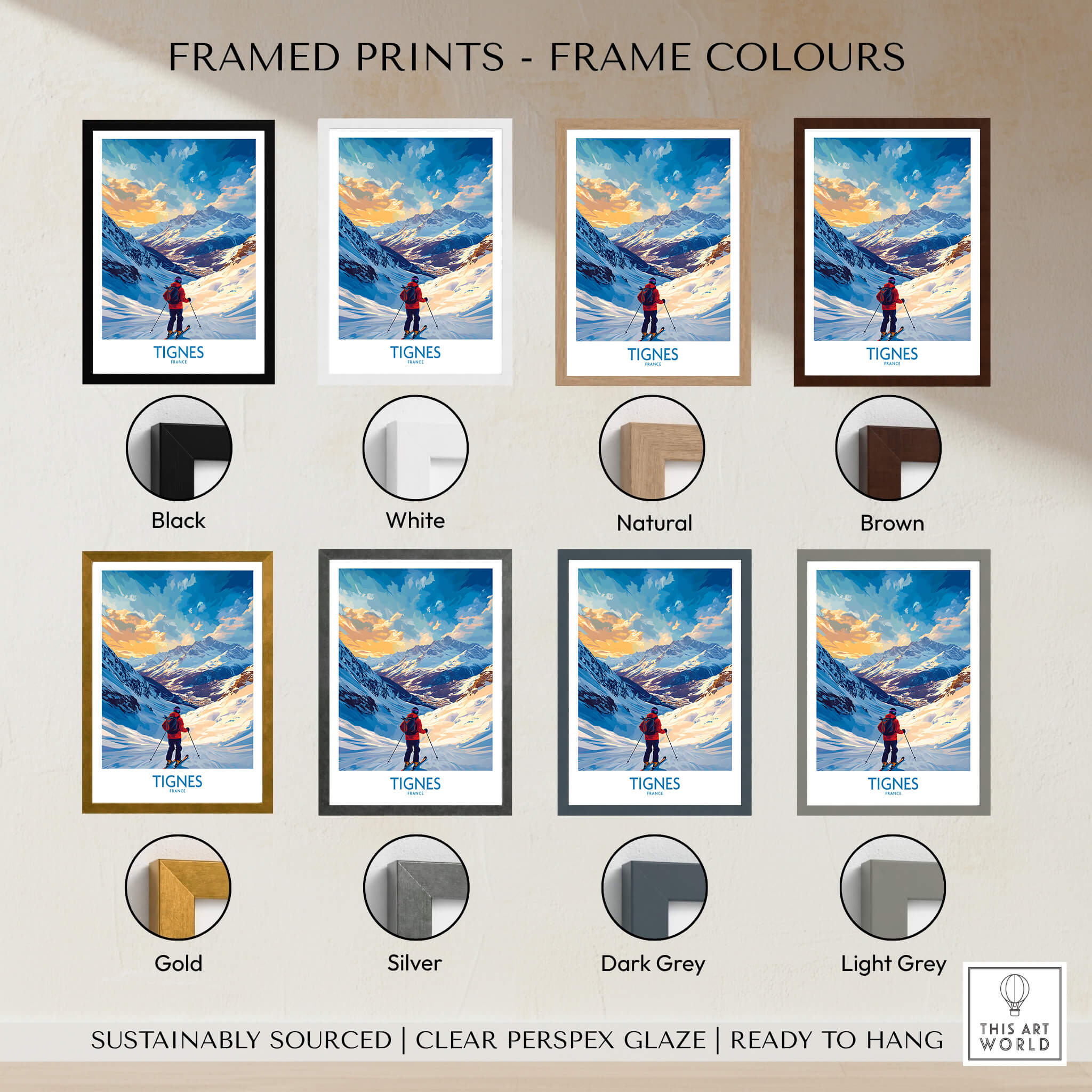 Tignes Wall Art framed print options in various colors including black, white, natural, gold, and more.