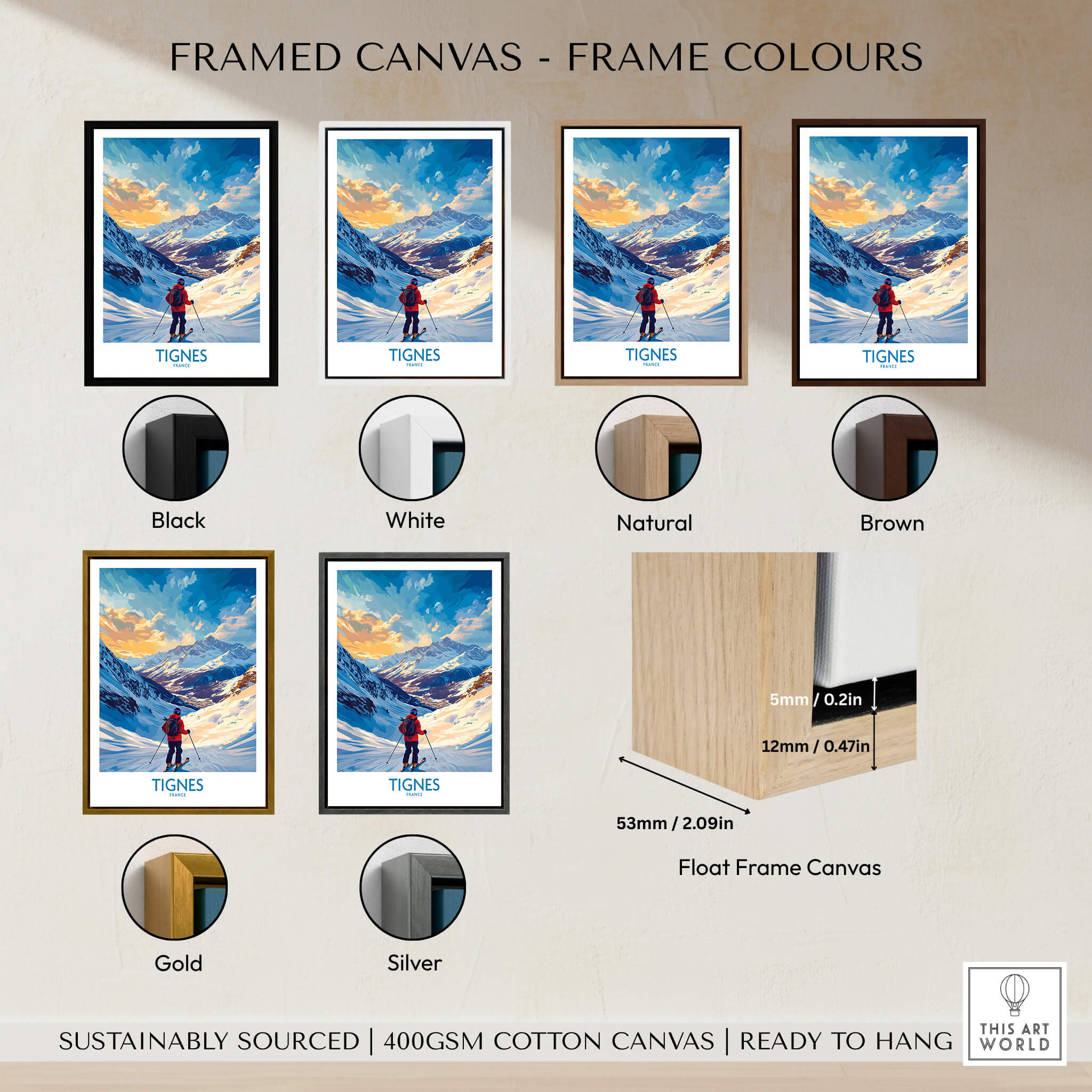 Tignes Wall Art displayed in various frame colors including black, white, natural, brown, gold, and silver.