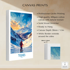 Tignes Wall Art showcasing a stunning ski landscape, ready to hang with professional Giclée printing and a solid wood stretcher.