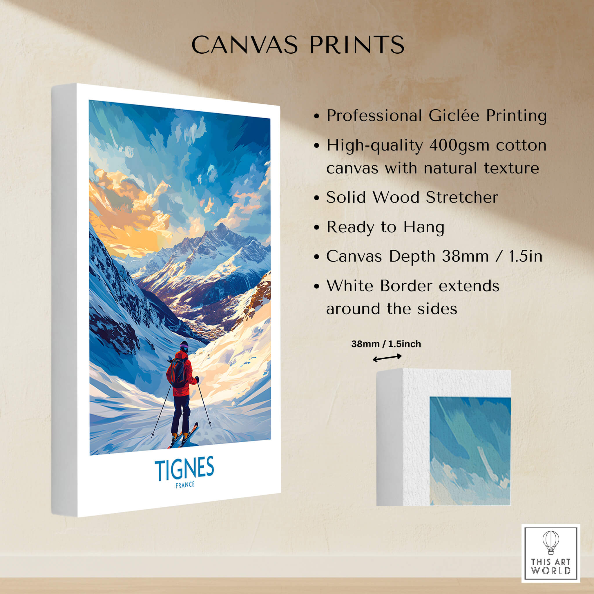 Tignes Wall Art showcasing a stunning ski landscape, ready to hang with professional Giclée printing and a solid wood stretcher.