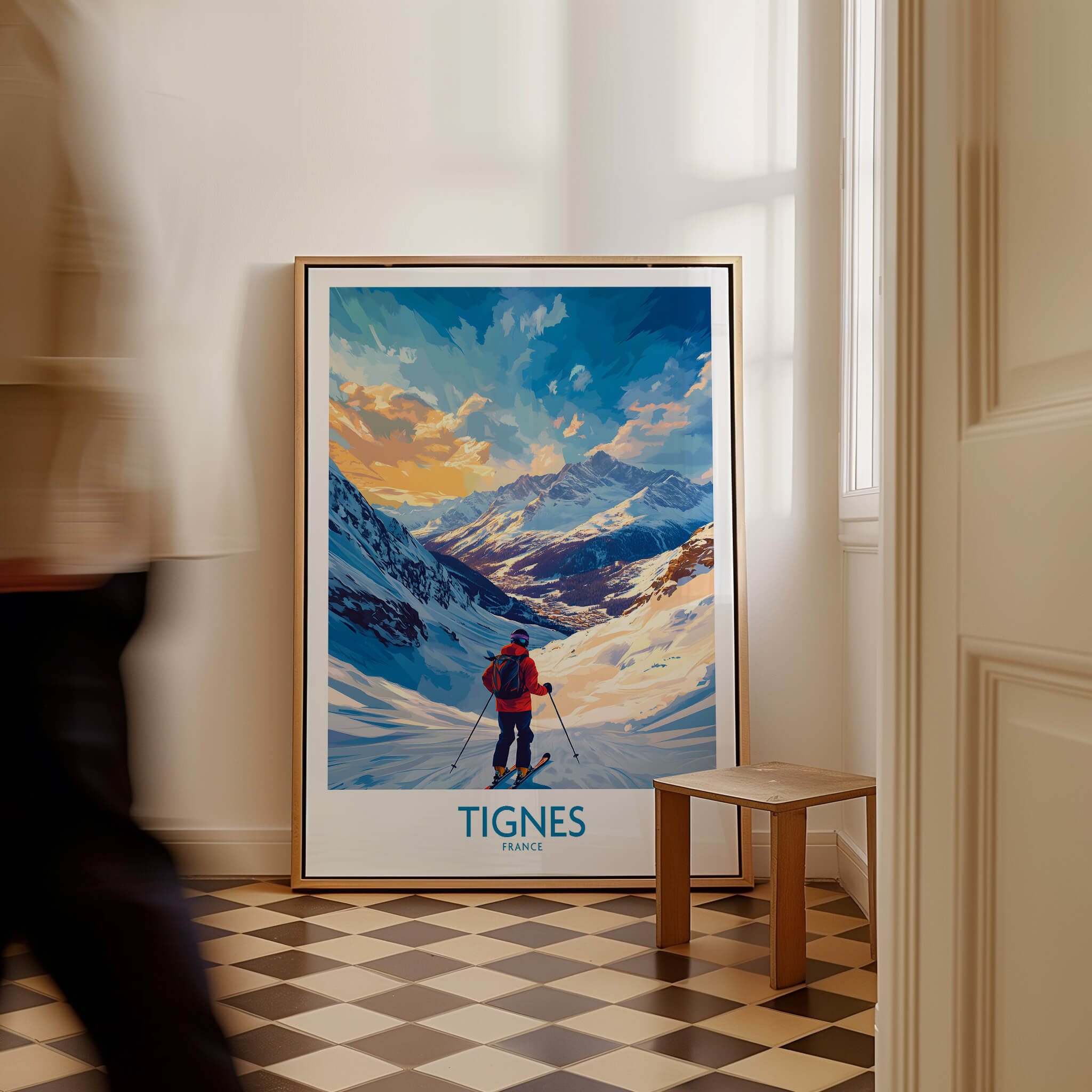 Tignes Wall Art featuring a skier in a snowy landscape, perfect for adding adventure to your home decor.