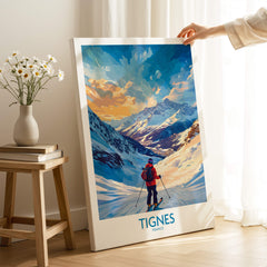 Tignes Wall Art featuring a skier in the beautiful Tignes ski resort landscape, perfect for home decor.