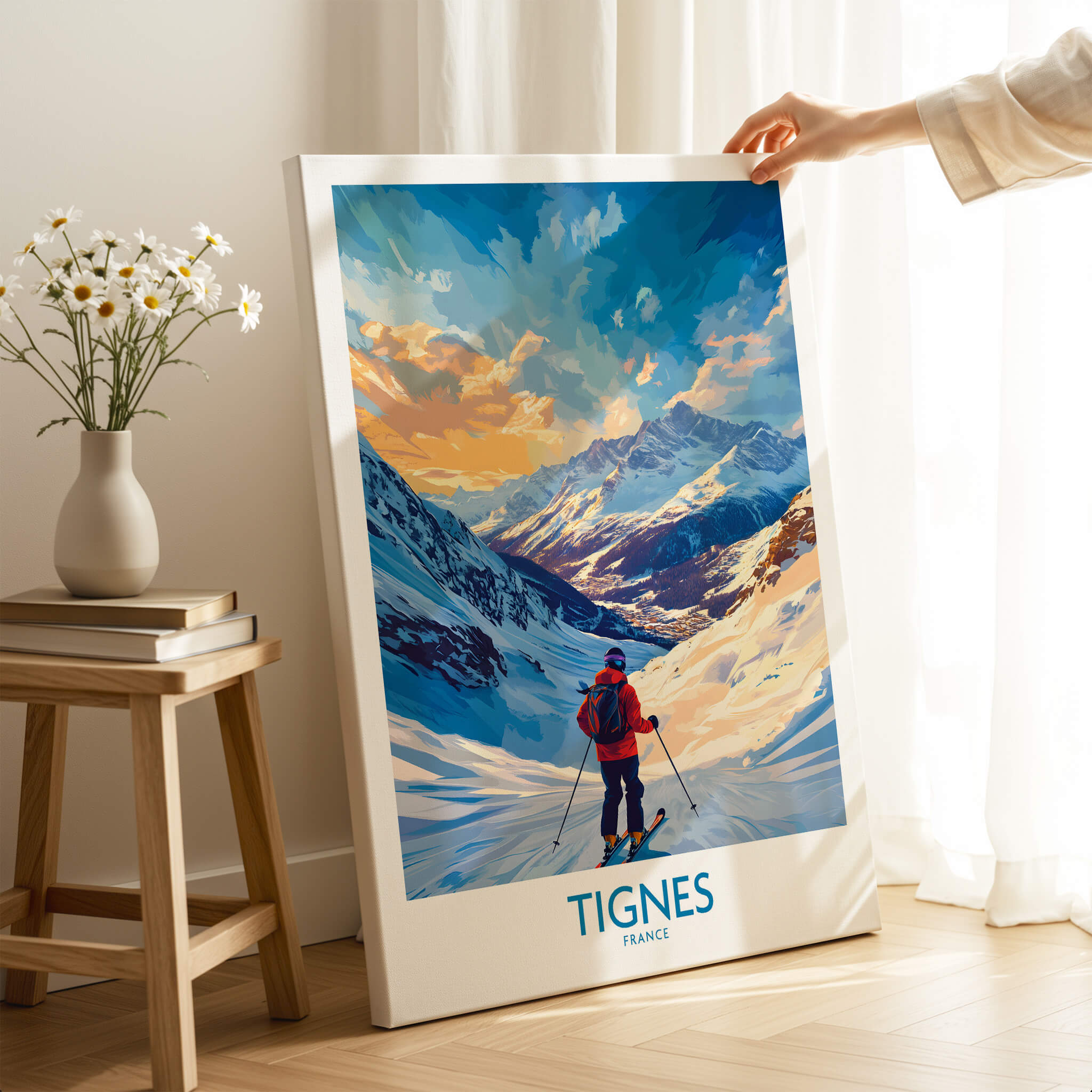 Tignes Wall Art featuring a skier in the beautiful Tignes ski resort landscape, perfect for home decor.