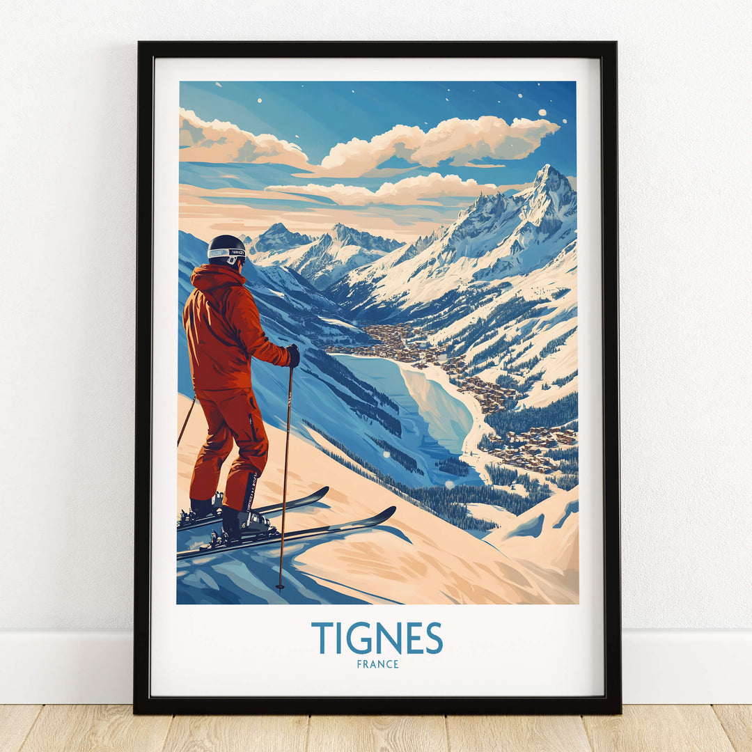 Tignes Poster France Ski Print showcasing a skier looking at the breathtaking mountain landscape of Tignes, France.