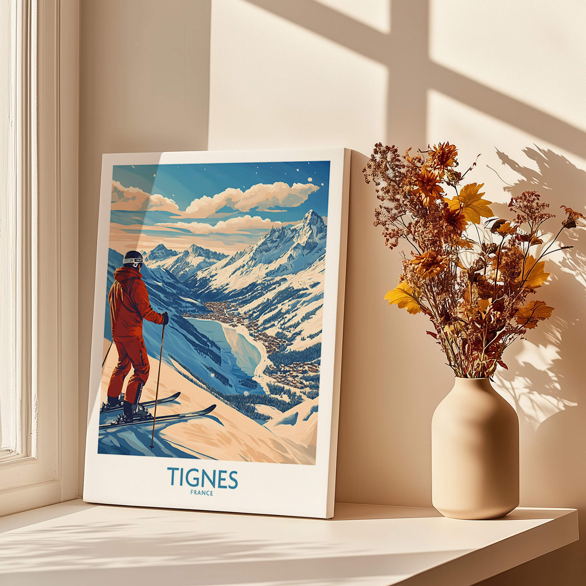 Tignes Poster France Ski Print showcasing a skier against a stunning mountain backdrop, ideal for ski enthusiasts.