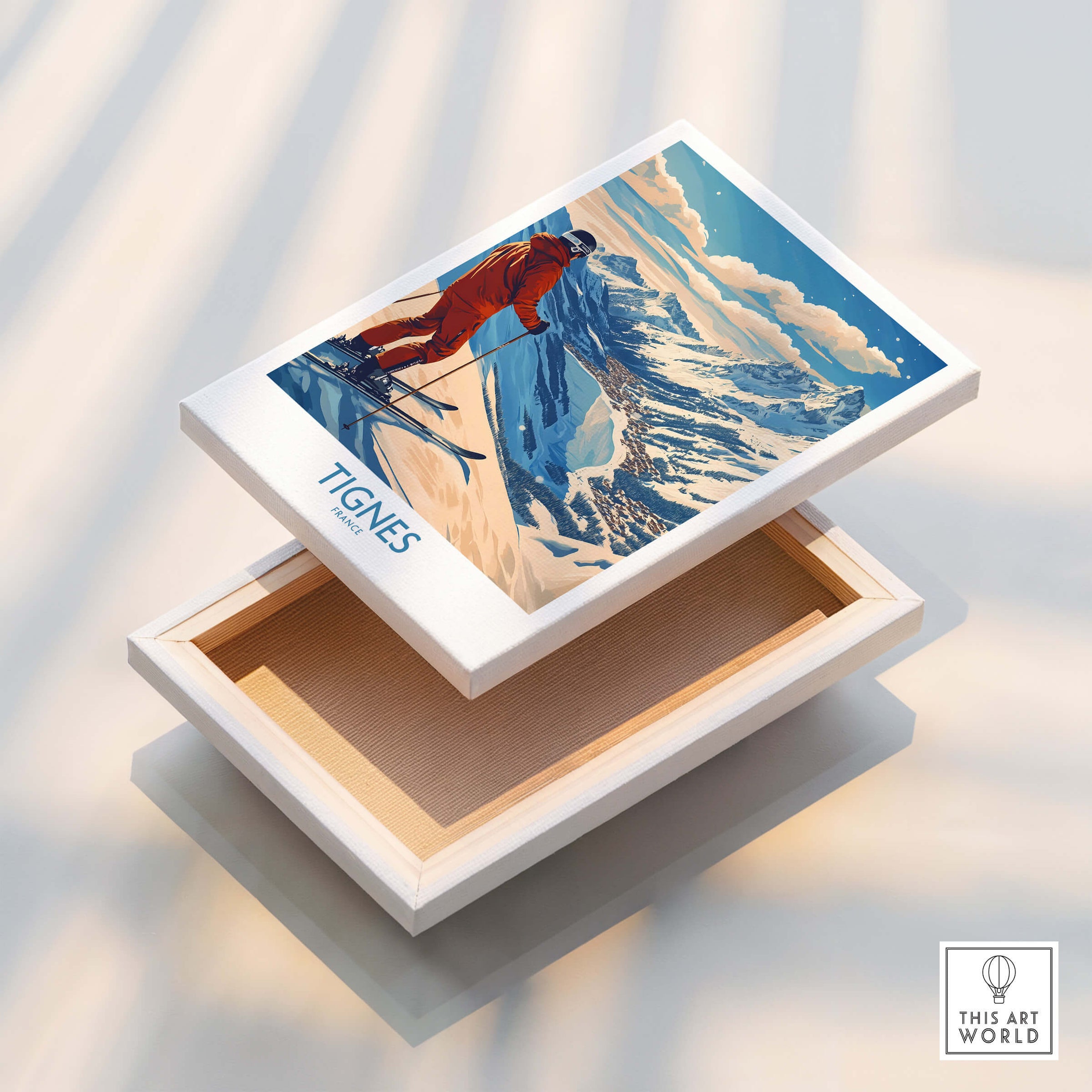 Tignes Poster France Ski Print featuring a skier on a snowy mountain landscape, perfect for ski enthusiasts.