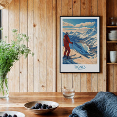 Tignes Poster France Ski Print displayed in a cozy wooden interior with ski-themed decor.