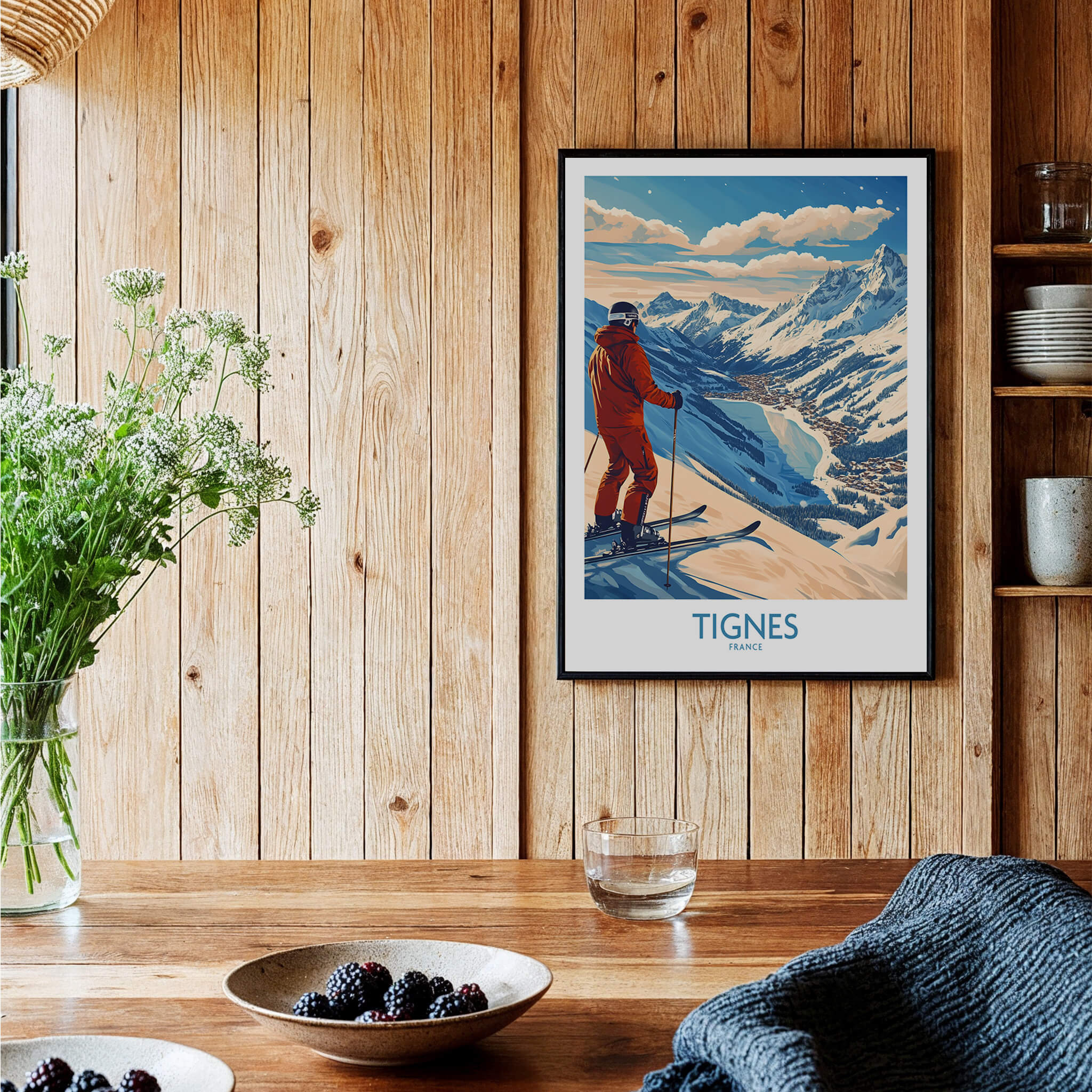 Tignes Poster France Ski Print displayed in a cozy wooden interior with ski-themed decor.