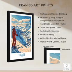 Tignes Poster France Ski Print featuring a skier in a picturesque mountain landscape, framed and ready to hang.