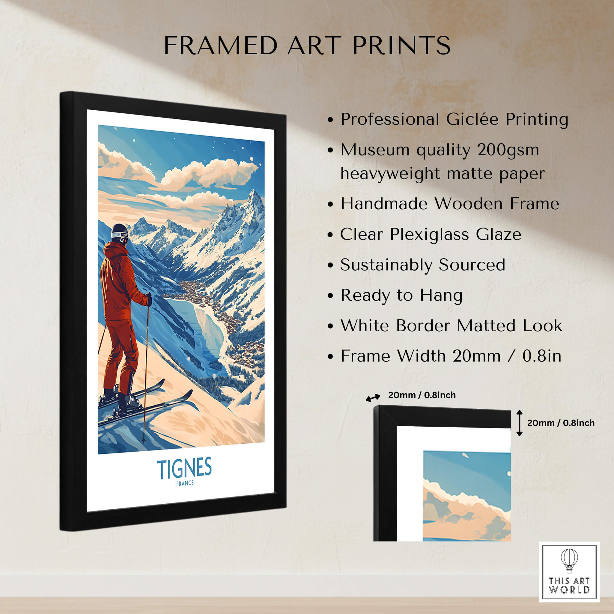 Tignes Poster France Ski Print featuring a skier in a picturesque mountain landscape, framed and ready to hang.