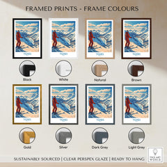 Framed Tignes Poster France Ski Print options showcasing various frame colors including black, white, natural, brown, gold, silver, dark grey, and light grey.