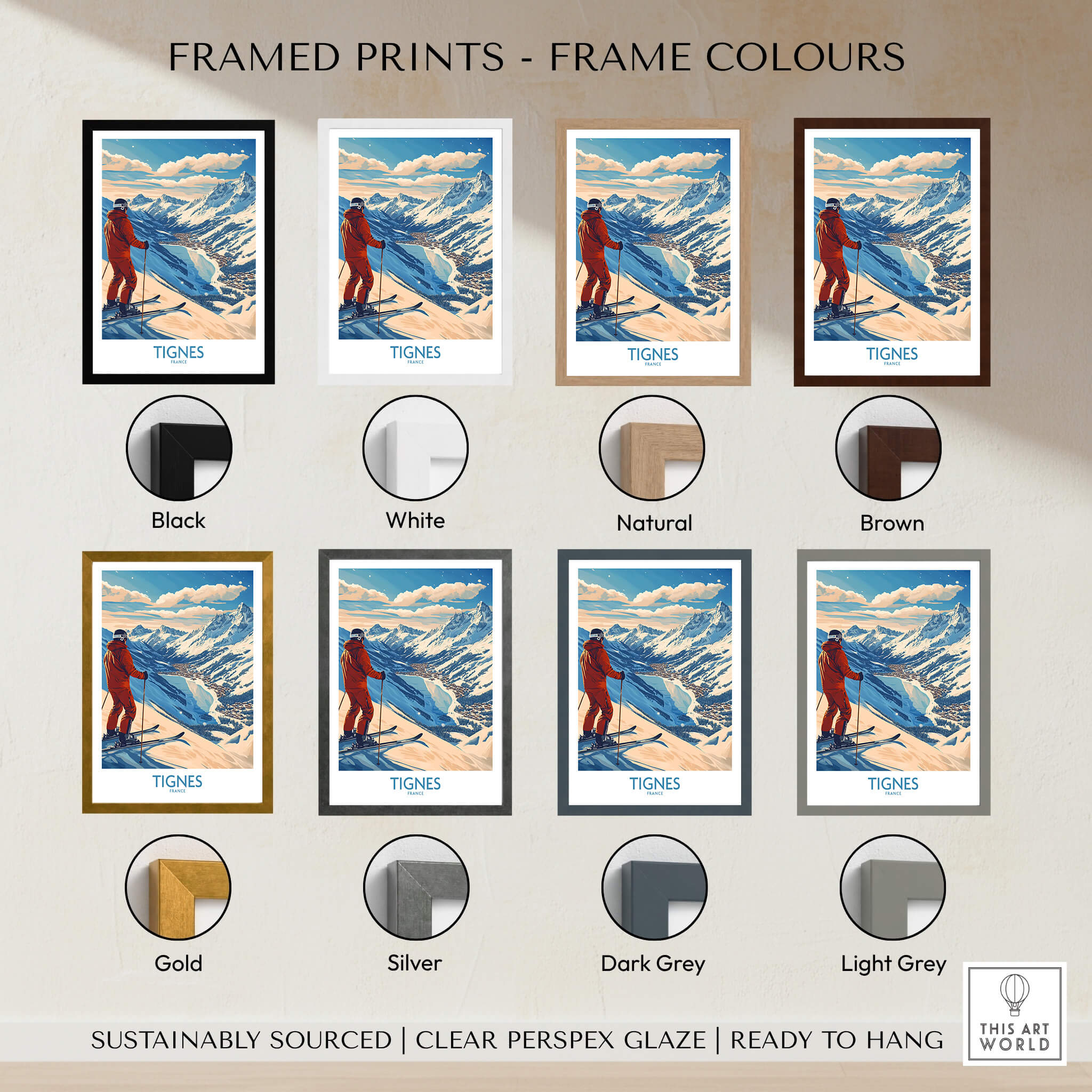Framed Tignes Poster France Ski Print options showcasing various frame colors including black, white, natural, brown, gold, silver, dark grey, and light grey.