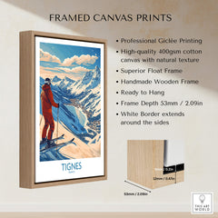 Tignes Poster France Ski Print framed canvas art featuring stunning mountain scenery and a skier in vibrant colors.
