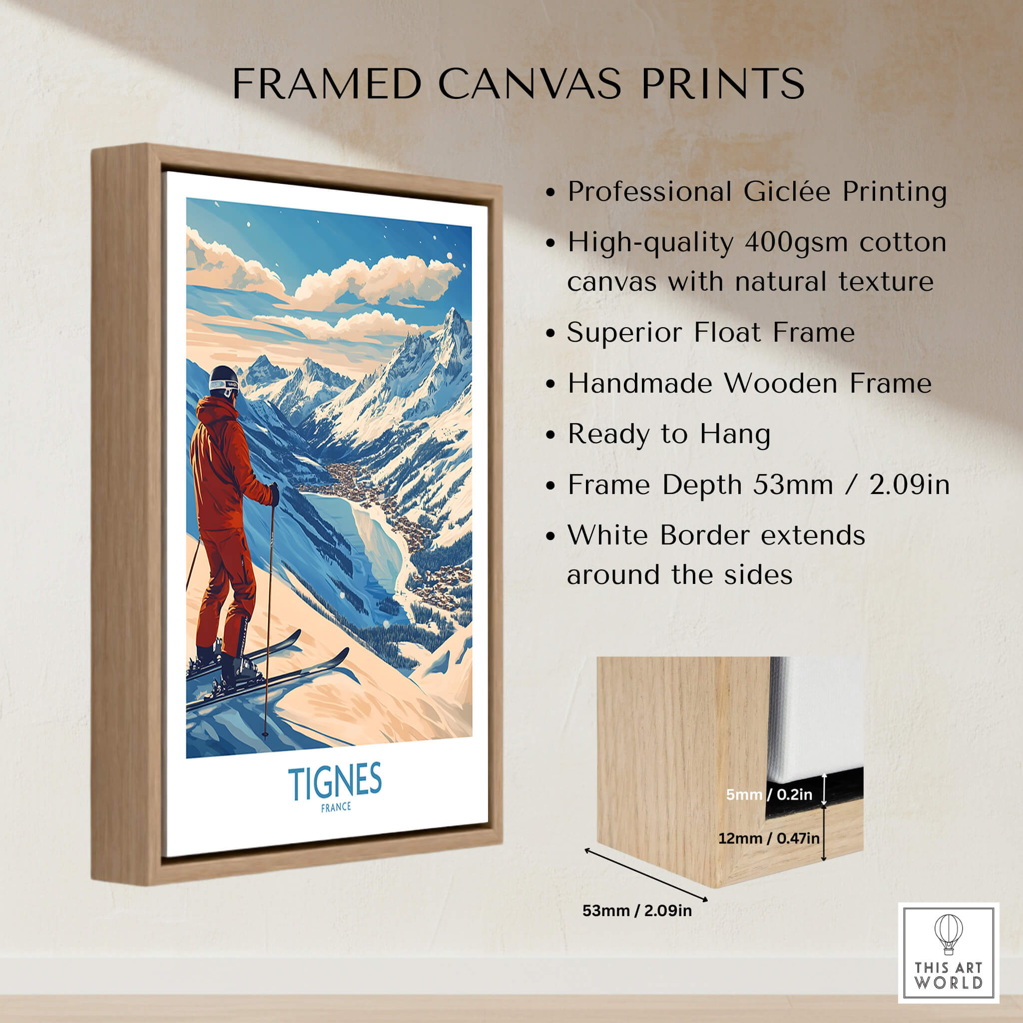 Tignes Poster France Ski Print framed canvas art featuring stunning mountain scenery and a skier in vibrant colors.