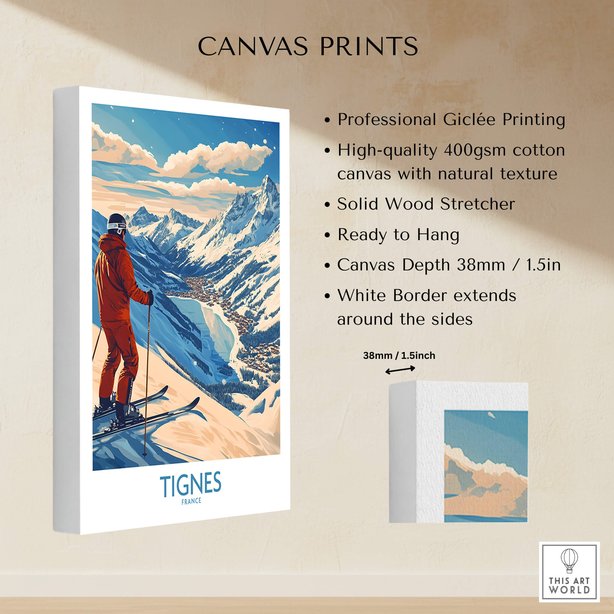 Tignes Poster France Ski Print showcasing professional Giclée printing and vibrant ski-themed design.