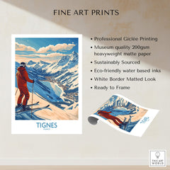 Tignes Poster France Ski Print featuring professional Giclée printing on eco-friendly matte paper.