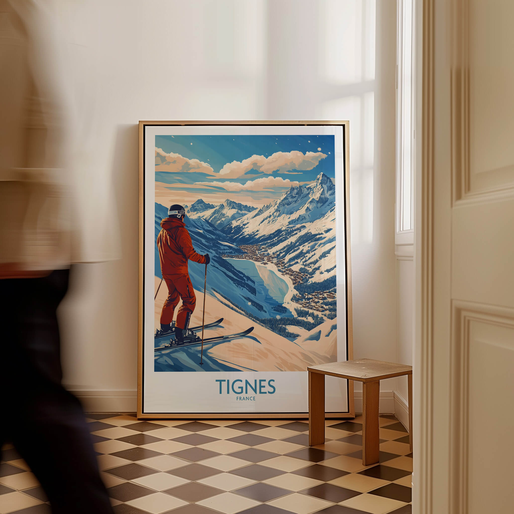 Tignes Poster France Ski Print featuring a skier overlooking the Tignes mountains in France, perfect for ski enthusiasts.