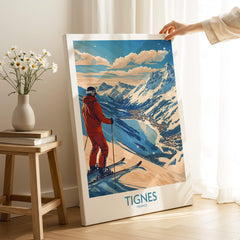 Tignes Poster France Ski Print showcasing a skier overlooking the beautiful Tignes mountains in France.
