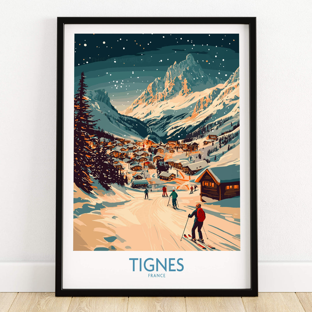 Tignes Wall Art Ski Poster featuring a picturesque ski scene in Tignes, France, perfect for winter decor.