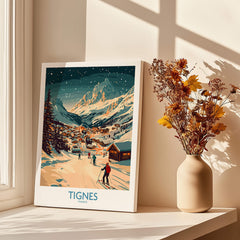 Tignes Wall Art Ski Poster showcasing a snowy scene with skiers and mountains, perfect for winter decor.