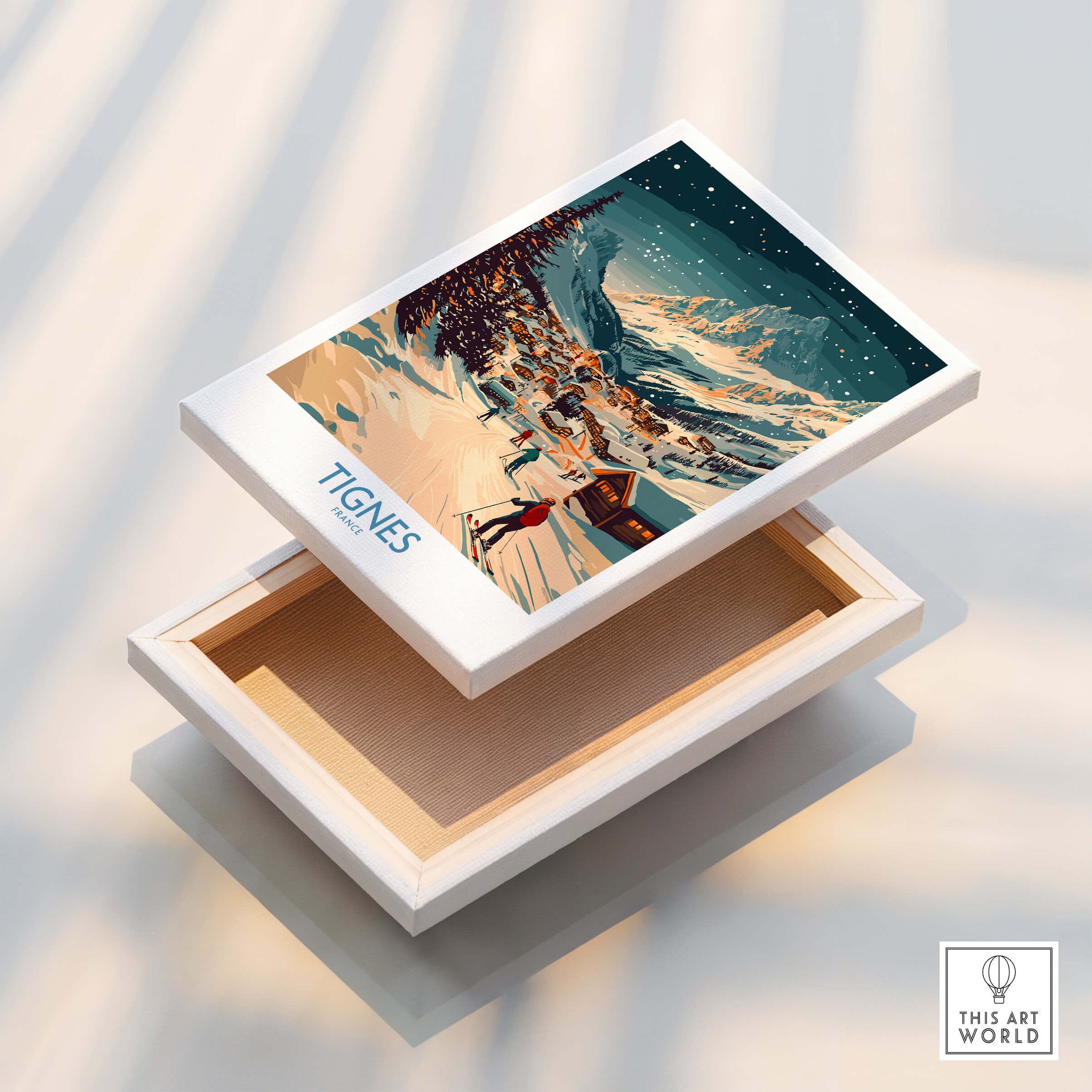 Tignes Wall Art Ski Poster displayed on a white box, showcasing a picturesque ski scene perfect for winter decor.