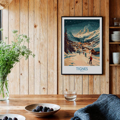 Tignes Wall Art Ski Poster showcasing a snowy ski scene in a cozy interior with wooden elements.